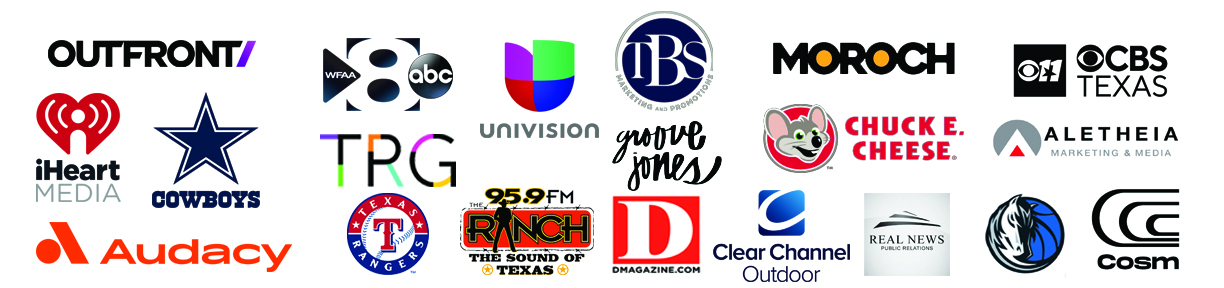 2026 Host logo strip for flyer final Past Student Media Tour hosts, including OUTFRONT, WFAA, Univision, iHeartMedia, Audacy, and other media and business organizations.